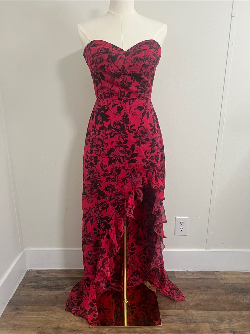 Amanda Uprichard Strapless Fuchsia and Black Floral High-Low Gown